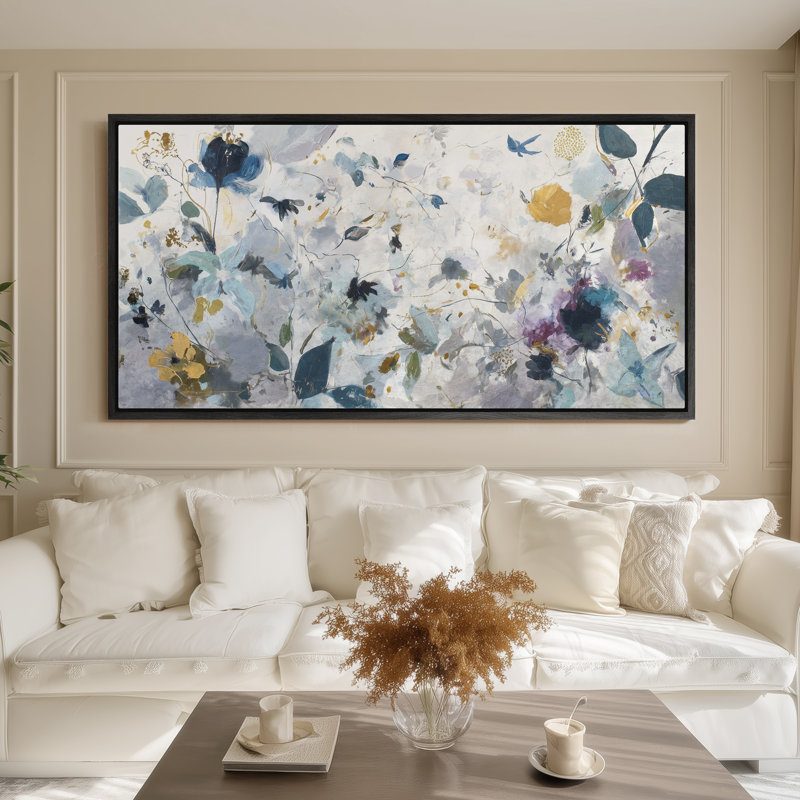 Grand art mural sur toile encadré, doux et neutre, motif botanique floral abstrait - 60 po x 20 po, 60 po x 30 po, Noir