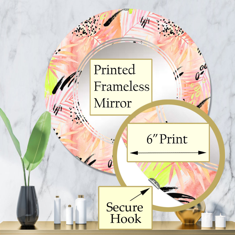 Feuille de palmier rose - éléments graphiques rétro - miroir mural à motif rond, 32 po x 32 po