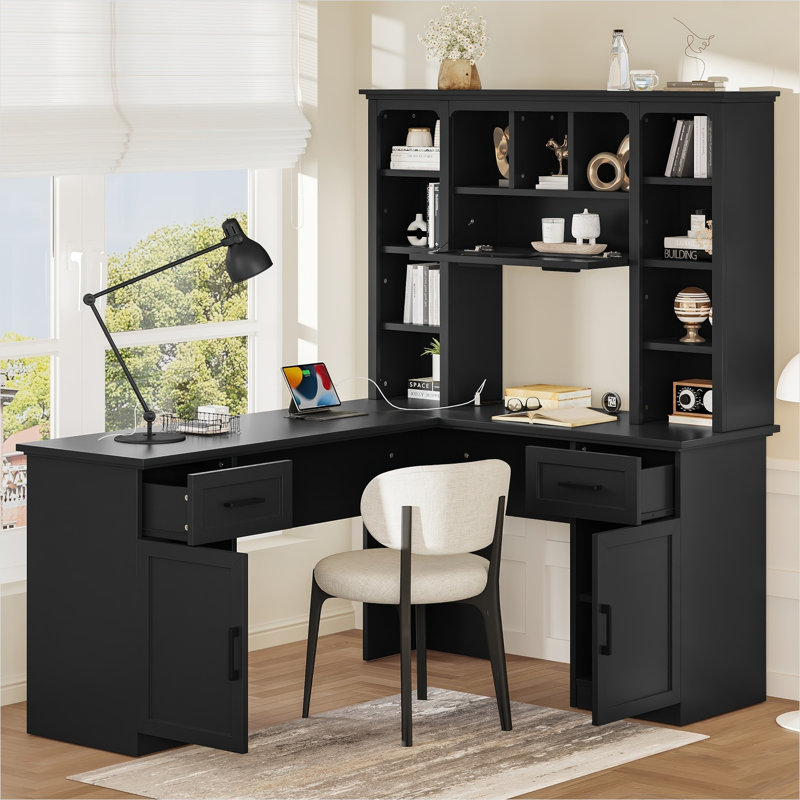 Bureau d'ordinateur en L avec rangement spacieux, noir élégant, 65 po de large, idéal pour le bureau, le salon ou le bureau