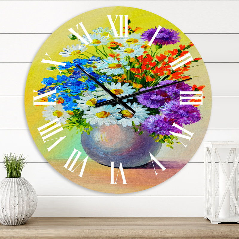 Nature morte avec un bouquet de fleurs bleues rouges et blanches - Horloge murale traditionnelle, Petit