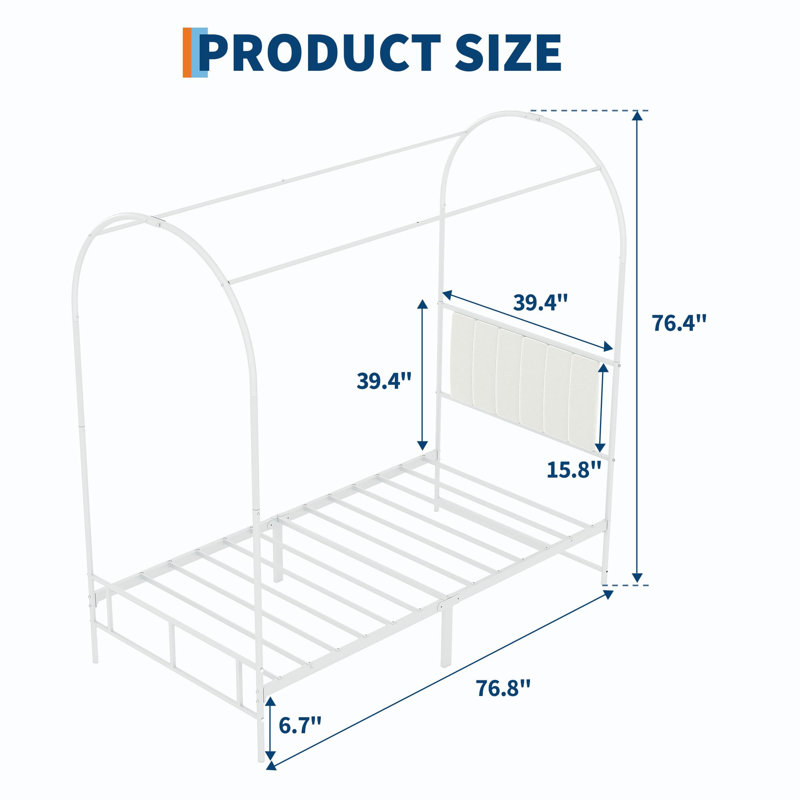 Twin Canopy Bed Frame with Upholstered Headboard, Metal Kids Bed Frame, No Box Spring Needed, White