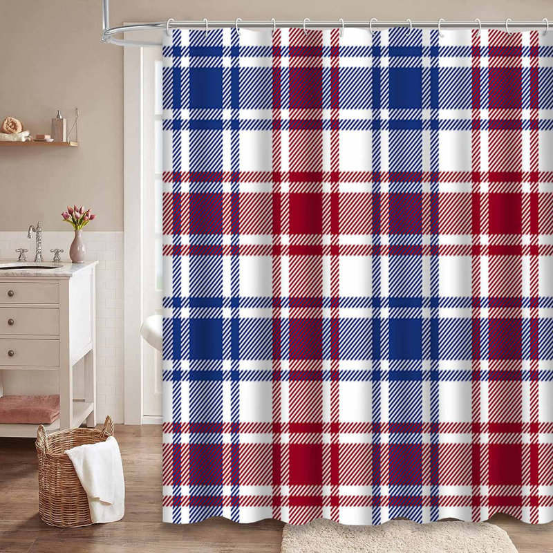 Rideau de douche blanc à carreaux rouges et bleus avec 12 crochets, L 72 po x l 78 po