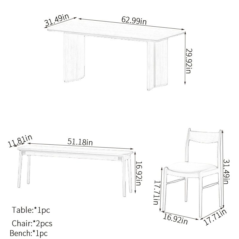 Ensemble de table de salle à manger rétro, H 29,92 po x L 62,99 po x l 31,49 po