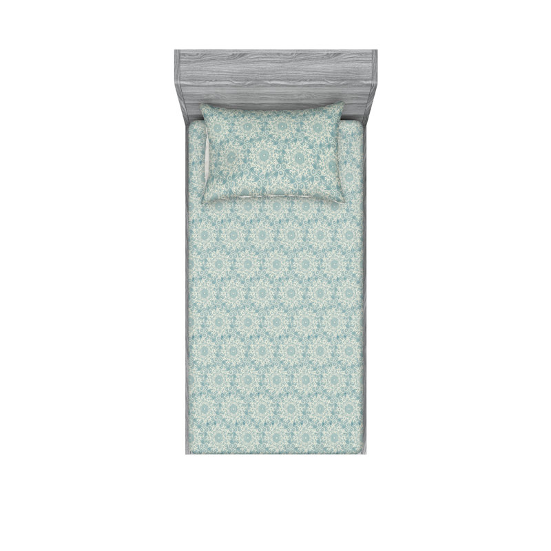Ambesonne Fitted Sheet & Sham Floral Ivy Branches Forms Cadet Blue and Eggshell, Twin Sheet Set with 1 Pillowcase