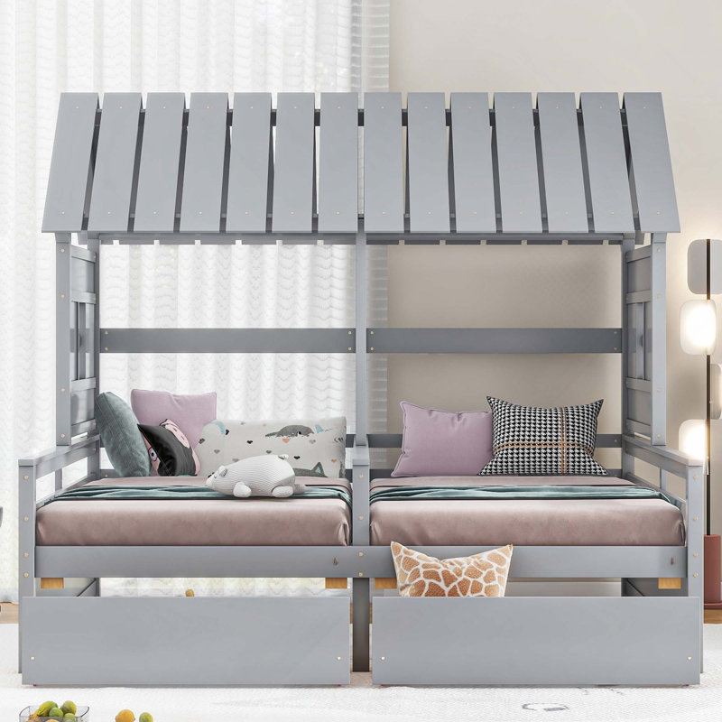 Lit plateforme House avec 2 tiroirs pour lits partagés pour garçon et fille, combinaison de 2 lits simples côte à côte, Grey