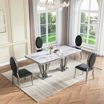 Modern Faux Marble Top Metal Base Dining Table Set