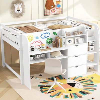 Full Size Low Loft Bed with Built-in Desk,Storage Cabinets and Open Bookcase,Whiteboard for Graffiti by Ophelia & Co.