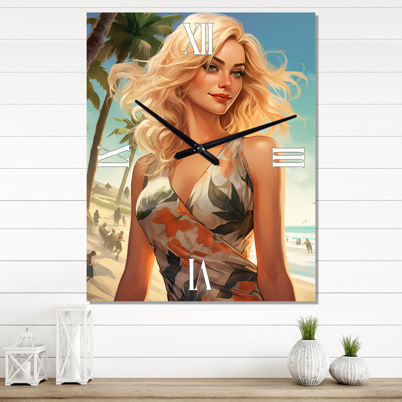 Horloge murale surdimensionnée «Blonde Beauty Walking By The Shoreline II», H 40 po x l 30 po x P 1 po