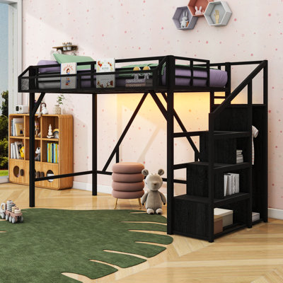 Multi-Functional Metal Loft Bed with Built-in Wardrobe, Shelves, USB Ports and LED Lighting