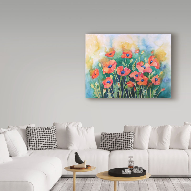 Vibrant Floral Canvas Art with Pink and Blue Poppies