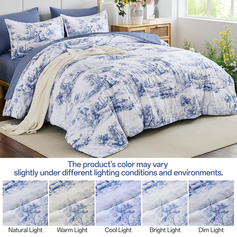Ensemble d'édredon floral 7 pièces Farmhouse, Édredon de très grande taille et 6 pièces suppl, Bleu