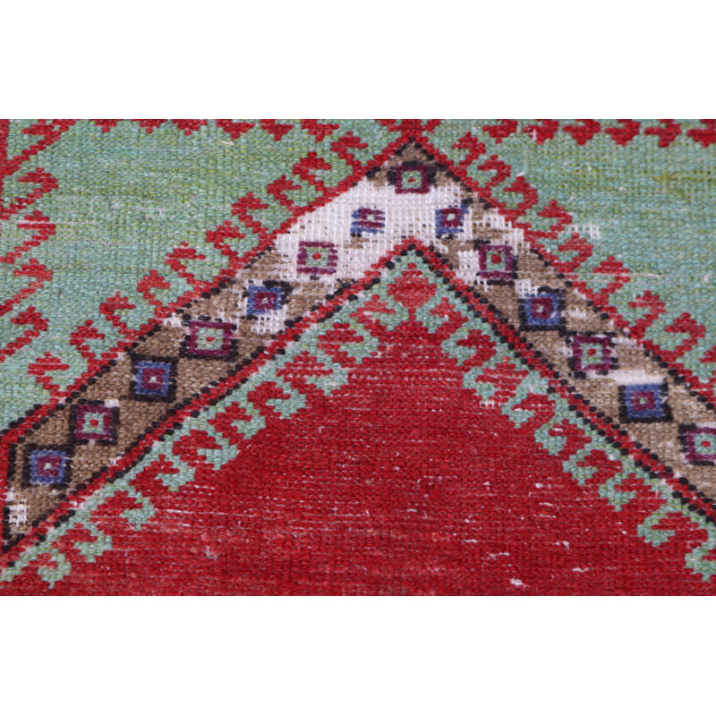 Authentic Handmade Vintage Turkish Rug in Red and Green with Geometric Design Ideal as a Stylish Door Mat for a Warm Entrance in Your Home