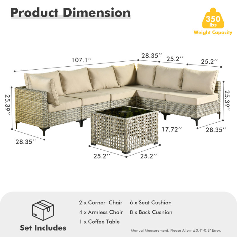 Ensemble de conversation modulaire en osier pour 6 personnes avec table basse lumineuse, ensemble de conversation moderne en rotin avec coussins Emroy