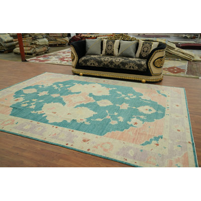 Handmade Teal Oushak Transitional Vegetable Dye Area Rug 9x12