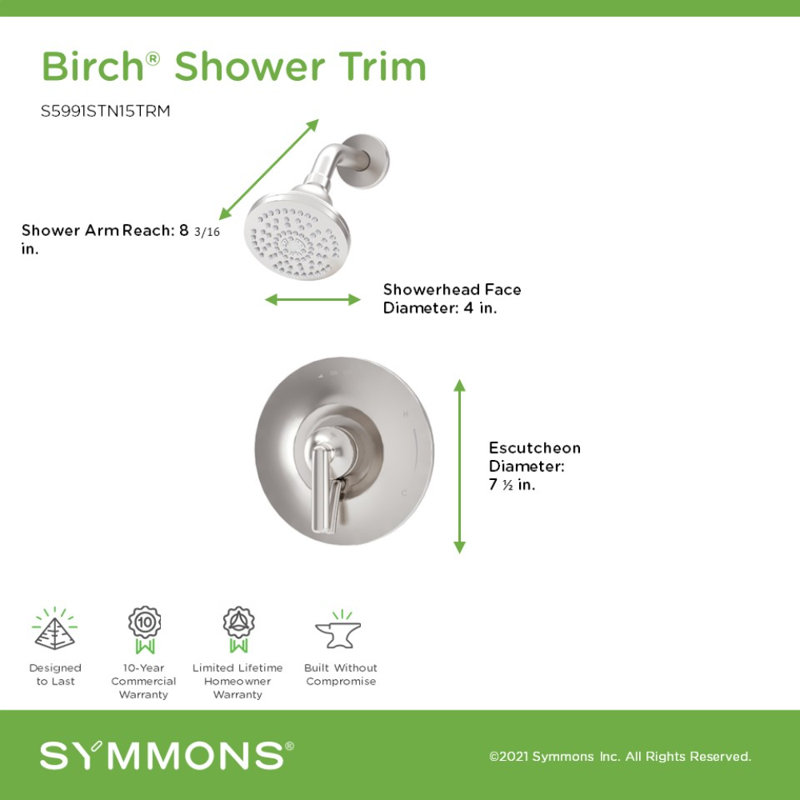 Birch HydroMersion Single Handle Shower Trim Kit, Satin Nickel