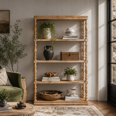 5-Tier Tall Natural Wood Shelf Bookshelf with Carved Spindle Posts, Perfect for Rustic and Farmhouse Decor