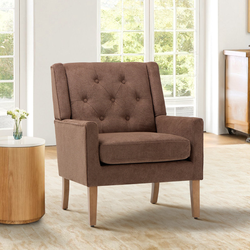 Fauteuil à oreilles rembourré Edyce - Coussin moelleux haute résilience et pieds en bois massif, Tissu brun