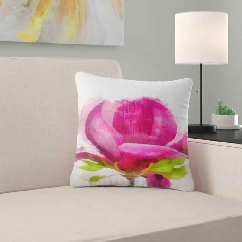 Fleur de magnolia rose pleine fleur - coussin à imprimé floral, 18 po x 18 po, Coussin décoratif