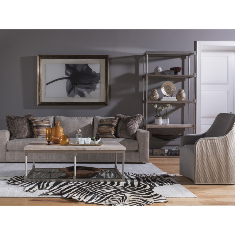 Elegance Beige & Silver Leaf Rectangular Cocktail Table with Tempered Glass Shelf
