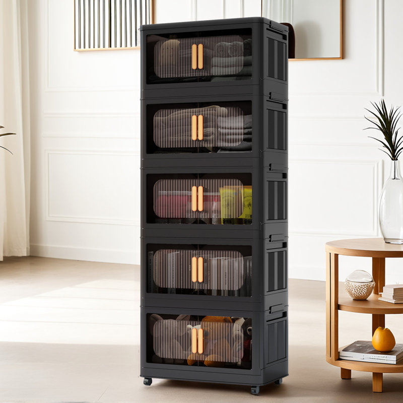 Stackable Foldable Storage Bins With Lids And Wheels, Black, 156