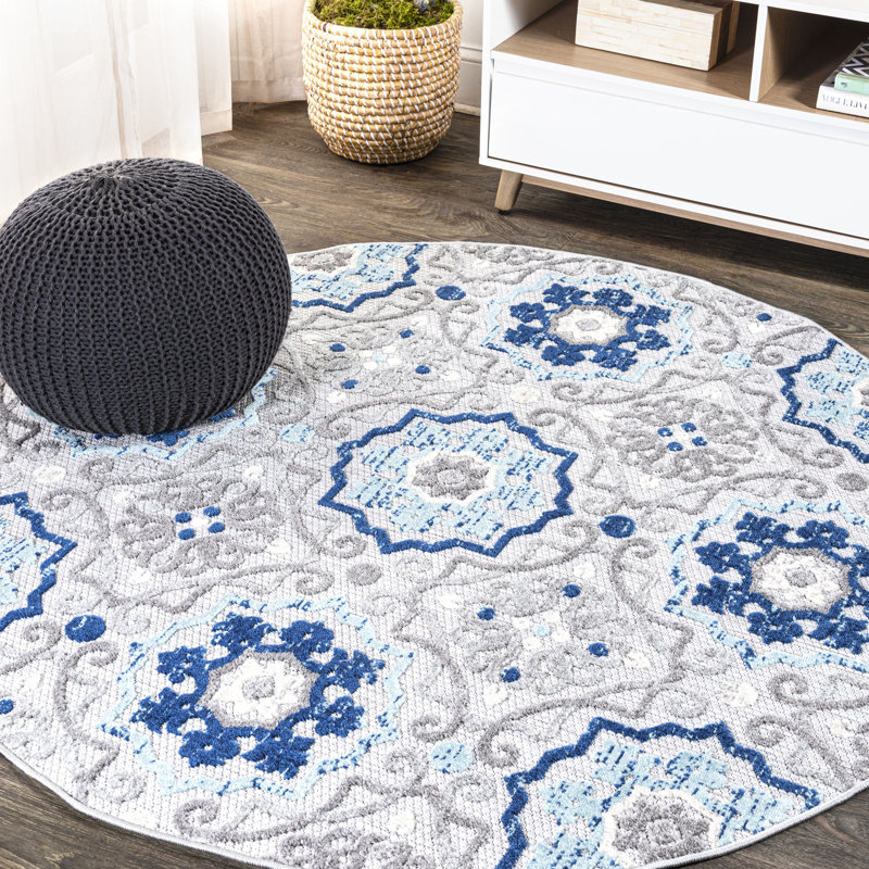 Leto Medallion Blue/Gray Indoor/Outdoor Rug, Round 5'3"