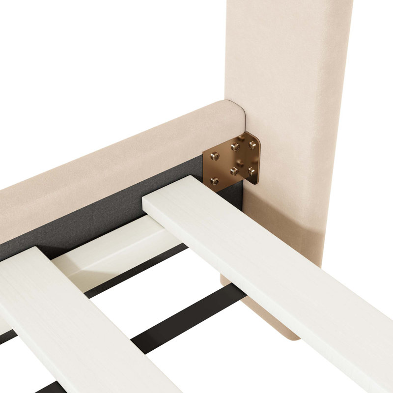 Lit plateforme tapissier avec tête de lit demi-cercle classique et pieds mentaux, velours, Beige, Twin