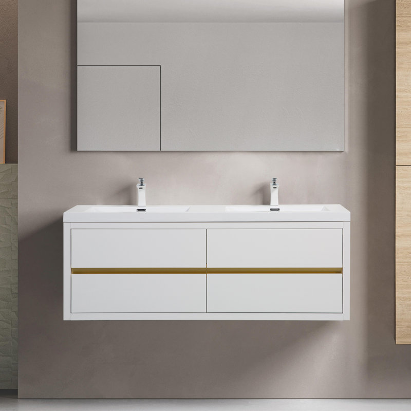 Meuble-lavabo mural 60 po, brillant, Blanc