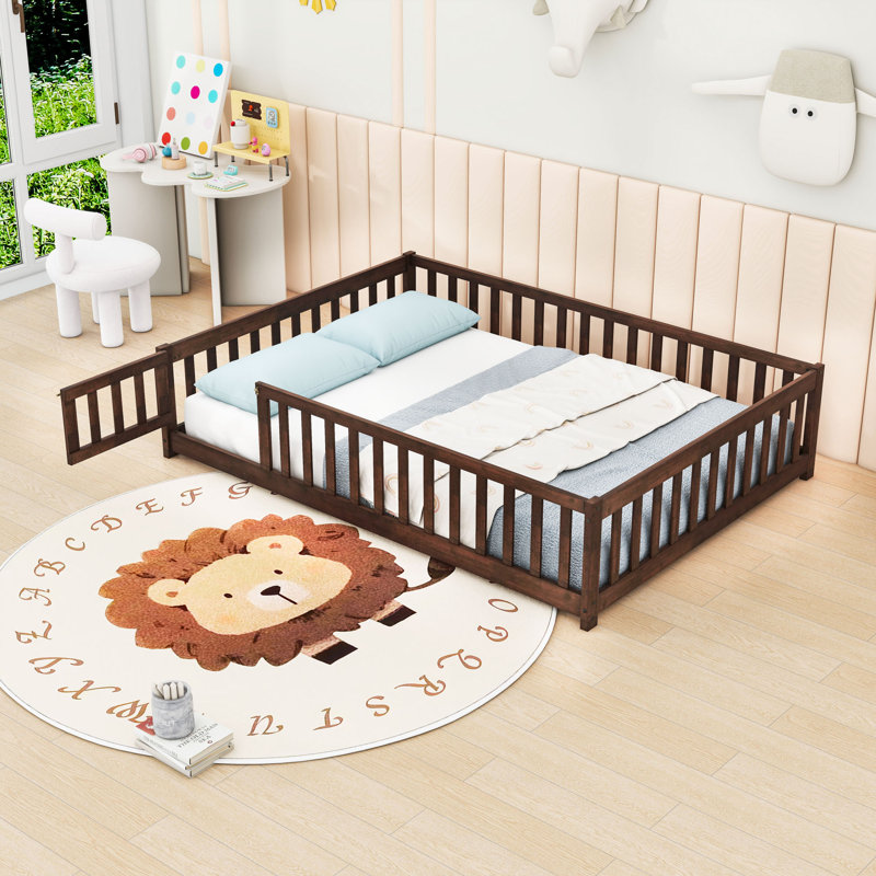Wooden Low-Floor Bed With Enclosed Fence Design And Door, Full, Espresso