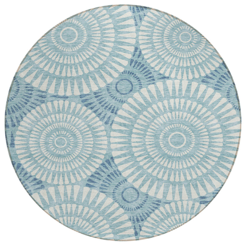 Tapis intérieur / extérieur rond 8 pi bleu sarcelle et ivoire