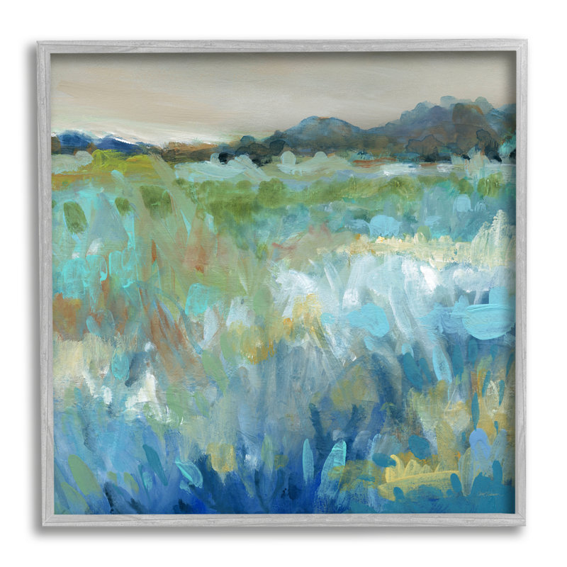 Abstrait bleu pré encadré sur bois, Encadré gris, H 17 po x l 17 po x P 1,5 po