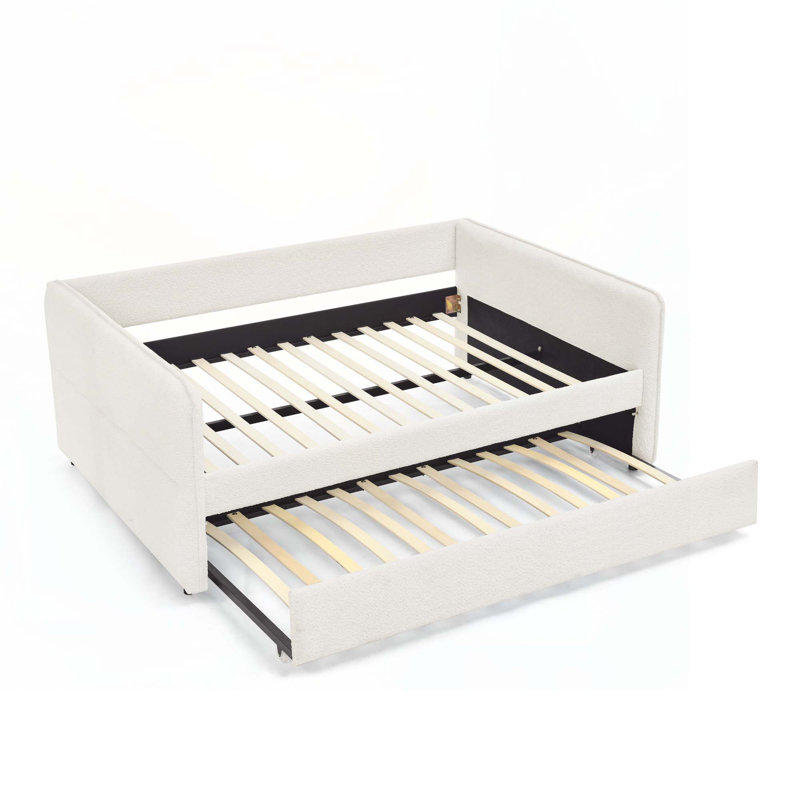 Lit de jour avec couchette, canapé-lit rembourré, cadre de lit moderne, Double, Beige