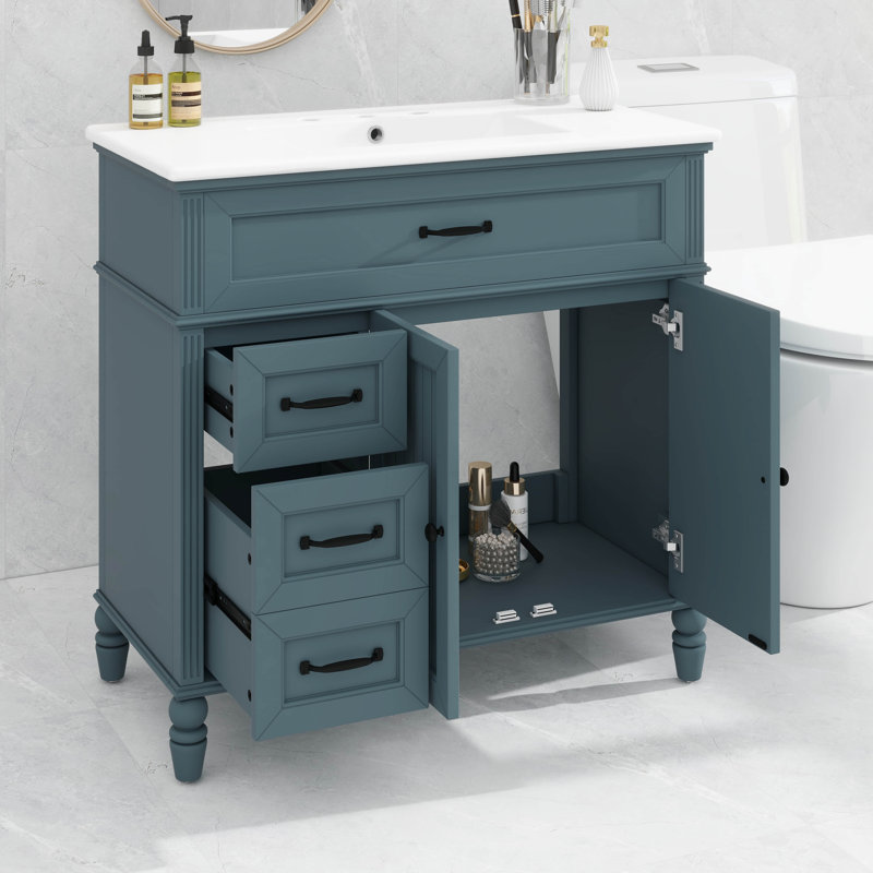 Meuble-lavabo 36 po avec lavabo en céramique, armoire de rangement avec 2 portes et 2 tiroirs, pieds rétro