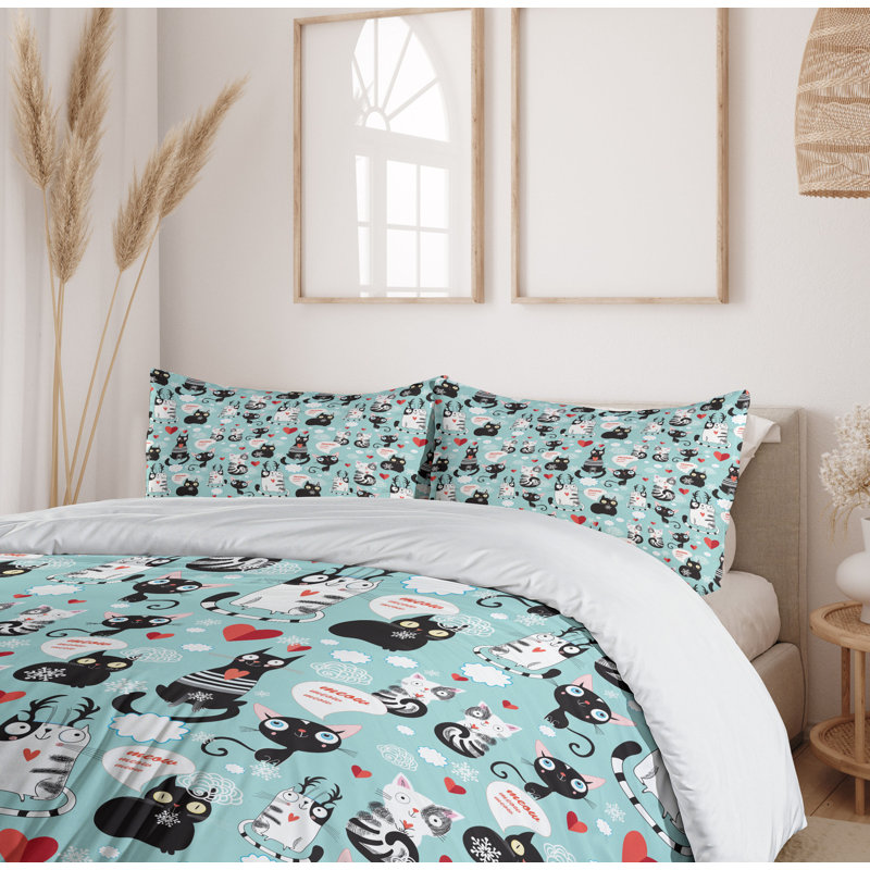 Queen Size Black and White Cat Print Duvet Cover Set