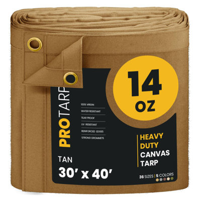 PROTARP Heavy Duty 14 OZ Water Resistant Canvas Tarp, UV Resistant Tarpaulin Cover with Rustproof Brass Grommets, Multipurpose for Canopy, Roof, Camping, Woodpile . (Tan)