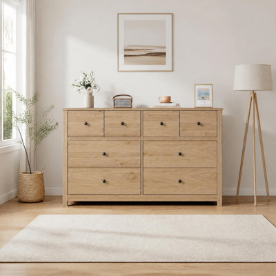Commode en chêne à 8 tiroirs, commode de rangement moderne en bois avec grands tiroirs et plateau large pour la chambre à coucher, le vestibule et le couloir