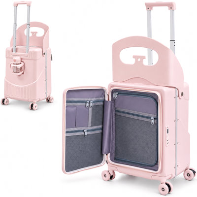 20 Inch ABS Kids Ride On Suitcase, 43L Carry On Luggage with Seat,  360° Silent Spinner Wheels, , TSA Lock, Foldable Cup Holder, Soft Rubber Handles for Travels.