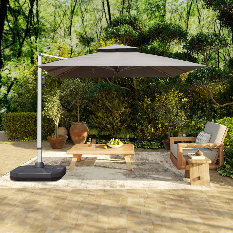 9 pi. Parasol en aluminium en porte-à-faux inclinable avec poteau central (base non incluse), Gris
