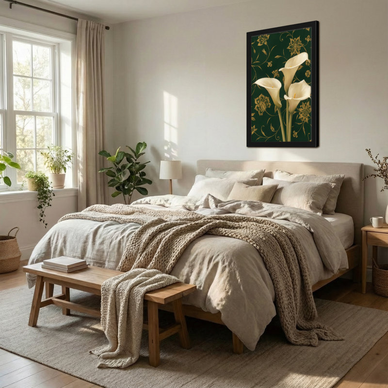 Plantes et fleurs sur fond vert, motif floral doré, lis de Calla blancs, H 12 po x l 18 po
