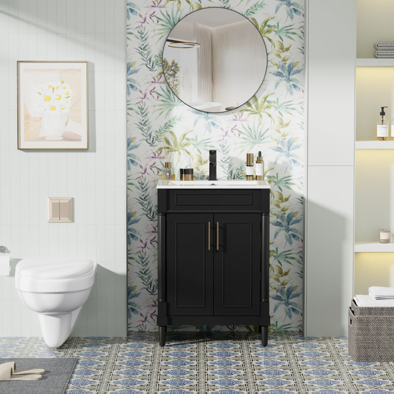Ensemble de meuble-lavabo autoportant 24 po avec plateau Everarda, robinet, surface peinte, Noir