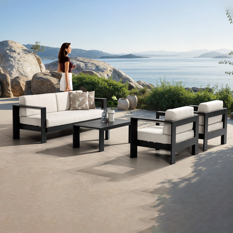 Quick-Assembly Outdoor Aluminum Sofa Set; 5 Person Outdoor Seating Sofa Set; Wood-Grain Veneer Sofa Set for Patio; Wide Armrest Triangular Aluminum Tube Sofa Set