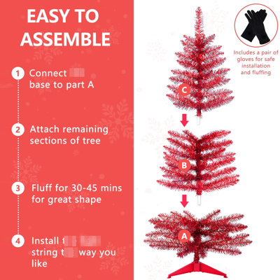 Arbre de Noël rouge de 4 pieds avec 50 lumières UL et 122 pointes pour les espaces compacts dans les dortoirs ou les bureaux Décoration de table de fête artificielle