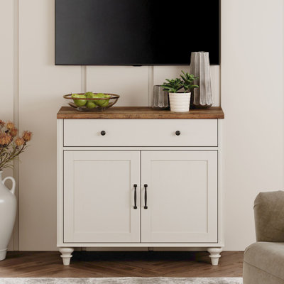 Scarlett Farmhouse TV Stand For 43 Inch TV With Doors And Drawer, Wood Universal TV Stand With Storage Cabinets, Entertainment Center TV Console Table For Living Room, Bedroom, White