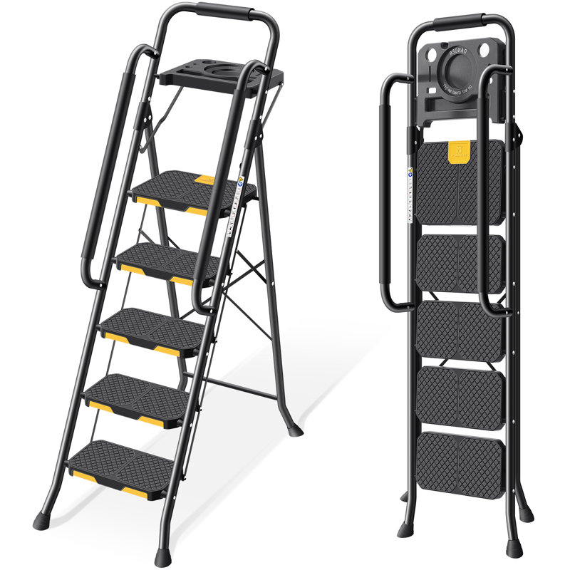 5 Step Ladder, Sturdy Steel Step Stool with Safe-Lock Design, Handrail, Anti-Slip Wide Pedals, Pass 800lbs Load Testing, Folding Portable Ladder for Multi-Purpose, Home, Kitchen
