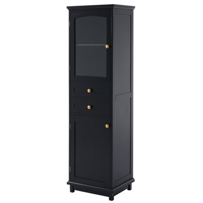 63" Tall Bathroom Storage Cabinet with Glass Doors, Freestanding, 2 Drawers, Adjustable Shelves, MDF