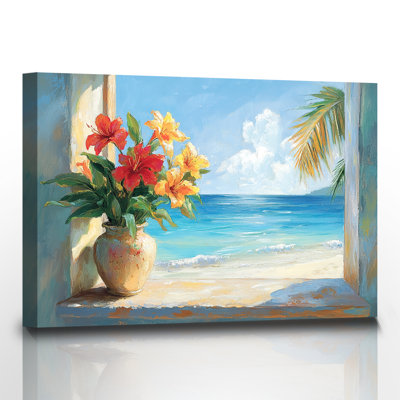 Bathroom Flower Wall Art Window Scenery Pictures Red and Yellow Canvas Prints Floral Palm Tree Poster