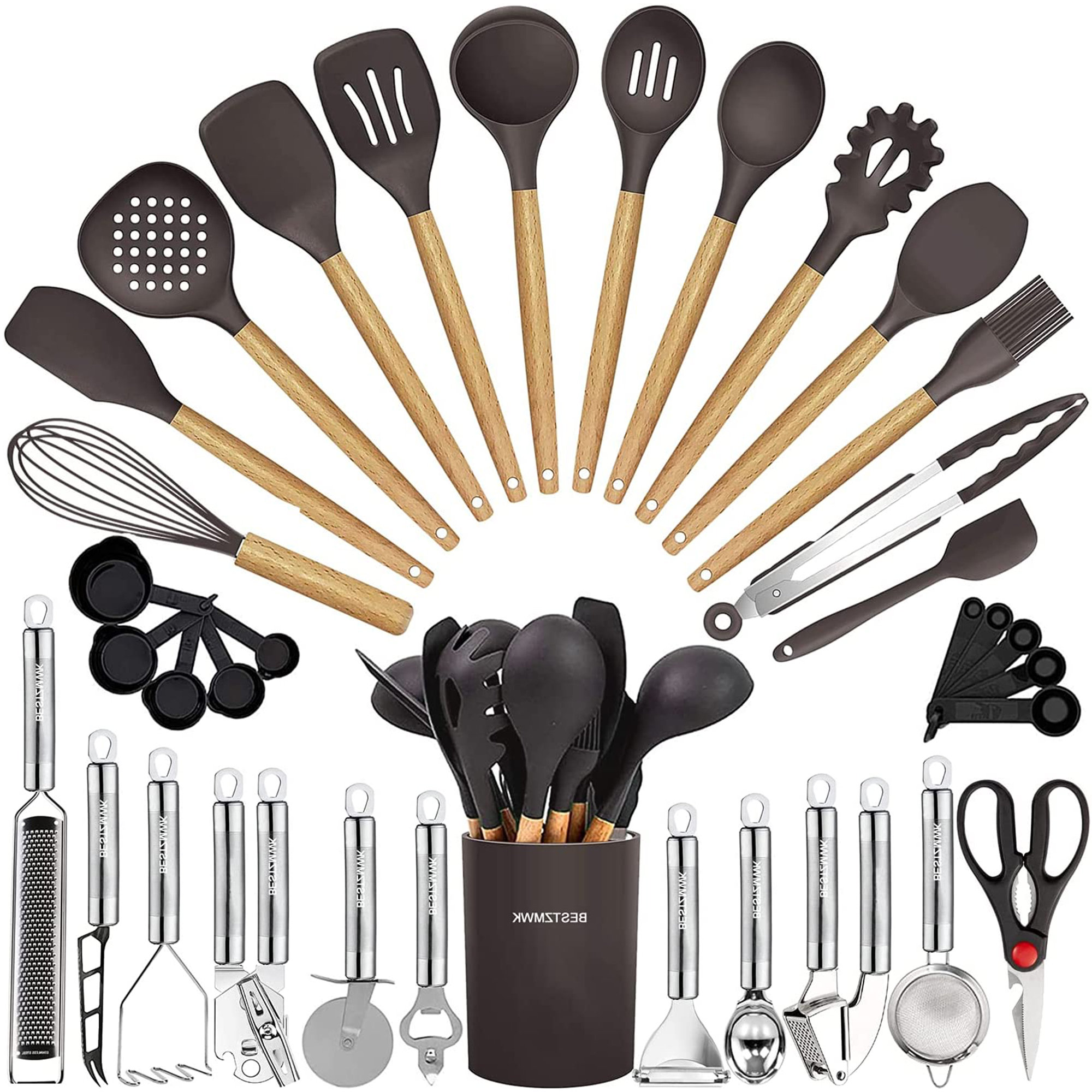  Kitchen Utensils Set,33PC Silicone Kitchen Cooking Utensils Set  - Measuring Cups and Spoons Set with Stainless Steel Handle Kitchen Gadgets  (Grey) : Home & Kitchen