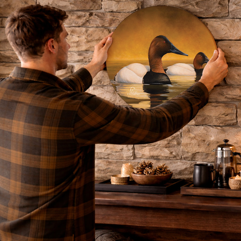 Panneau rond en toile, 53 cm (21 po), motif « Eau calme », oiseaux intemporels.