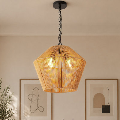 17" 4-Light Handwoven Rattan Basket Chandelier, Modern Boho Pendant Light for Dining Room
