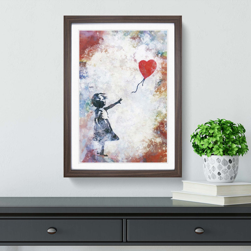 The Girl With A Red Balloon In Abstract by Banksy - Single Picture Frame Print on MDF, 60cm H x 40cm W x 2cm D, Walnut Framed