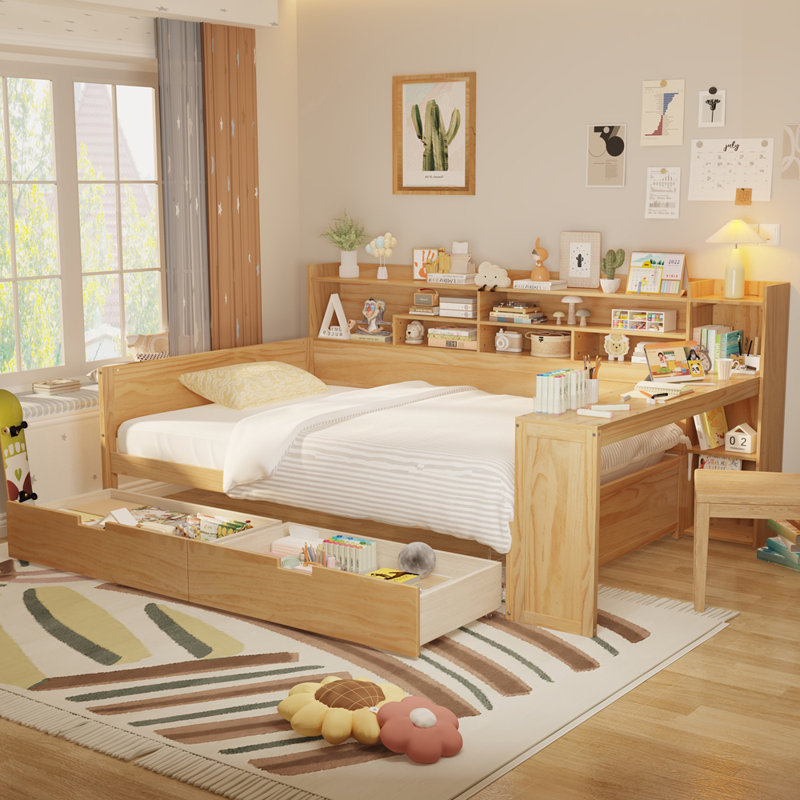 Wooden Daybed with Storage Shelves, Multi-functional Bed with Two Storage Drawers and Study Desk, Natural, Full
